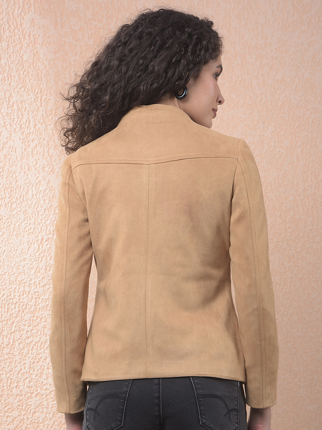 miss forever solid brown band collar jacket
