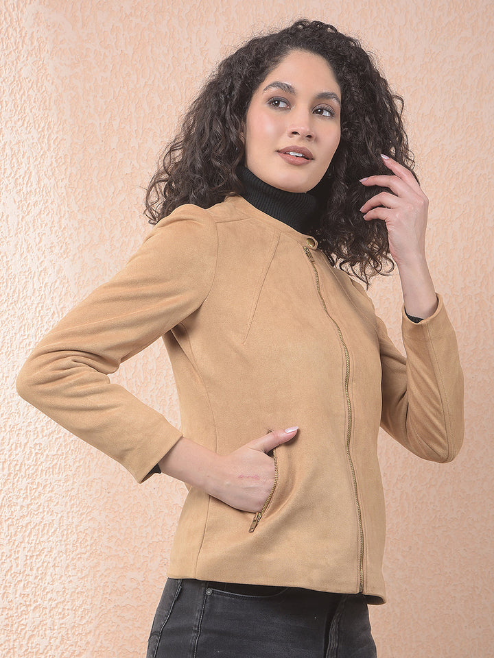 miss forever solid brown band collar jacket