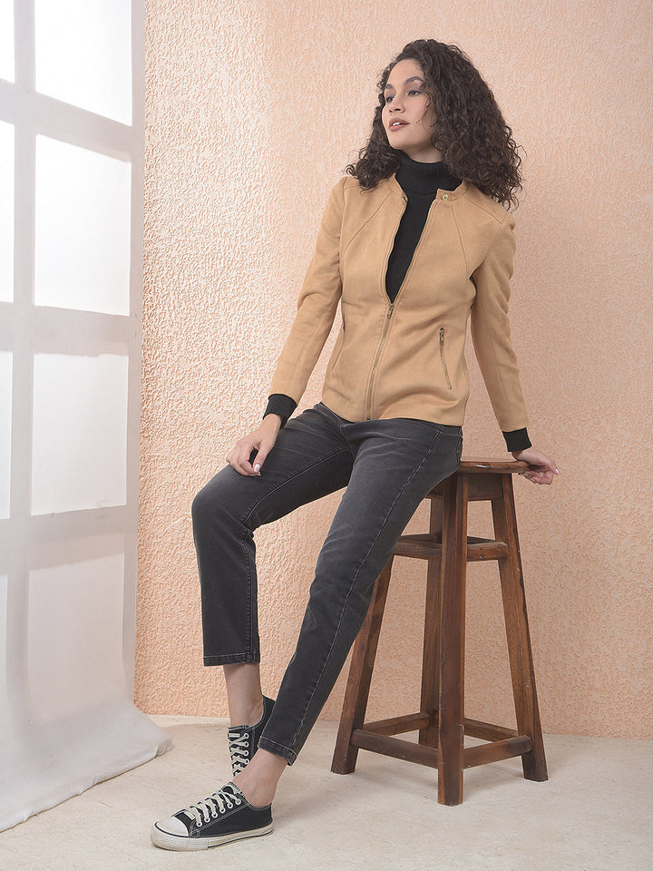 MISS FOREVER SOLID BROWN BAND COLLAR JACKET