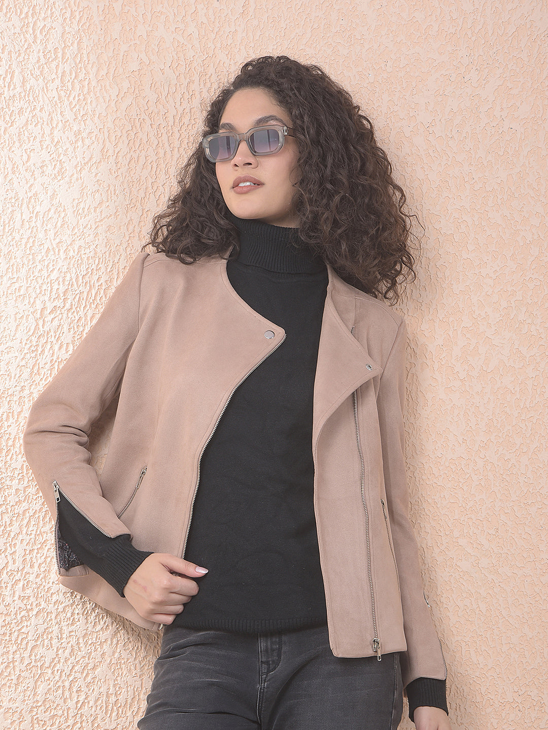 miss forever solid dusty peach collarless jacket