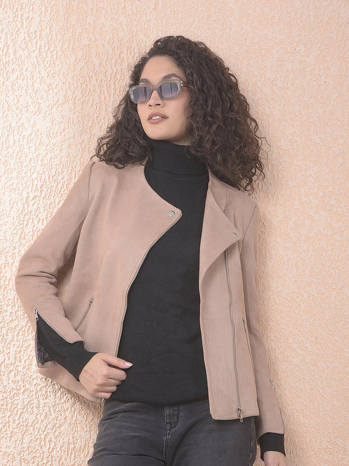 miss forever solid dusty peach collarless jacket