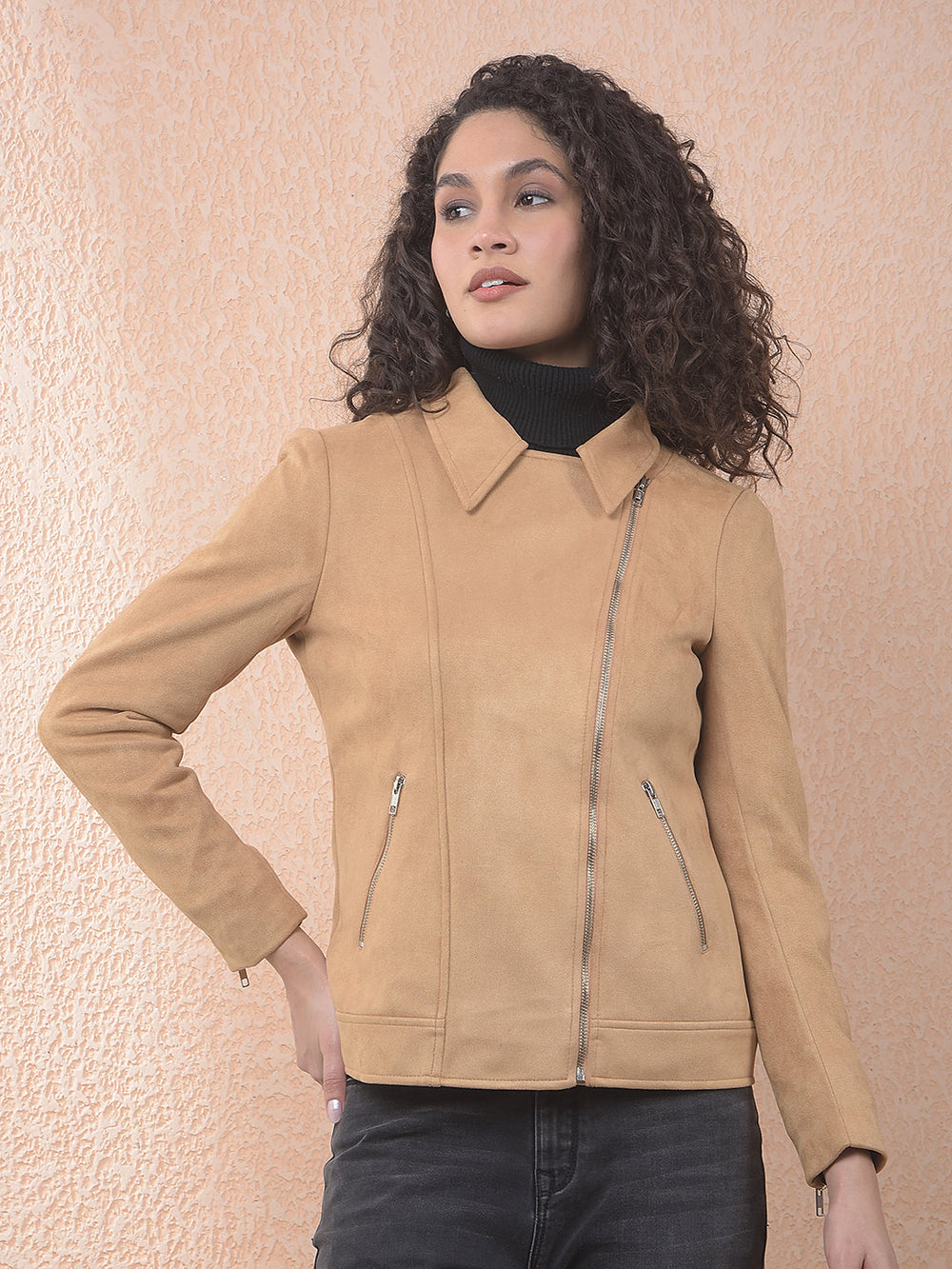 miss forever solid beige collar jacket