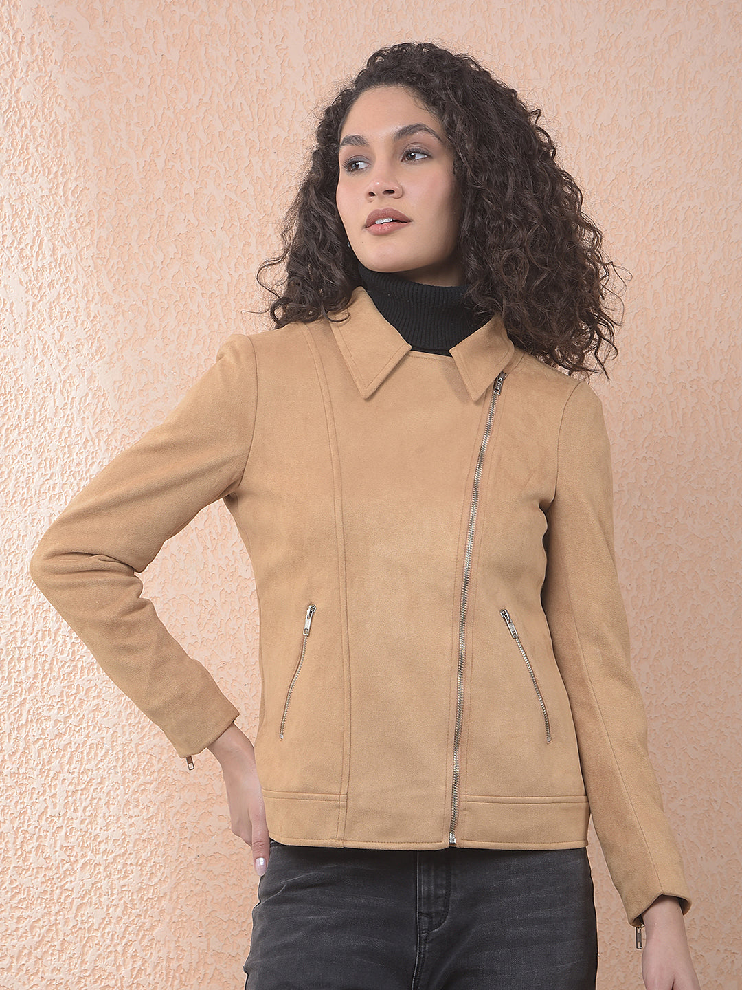 miss forever solid beige collar jacket