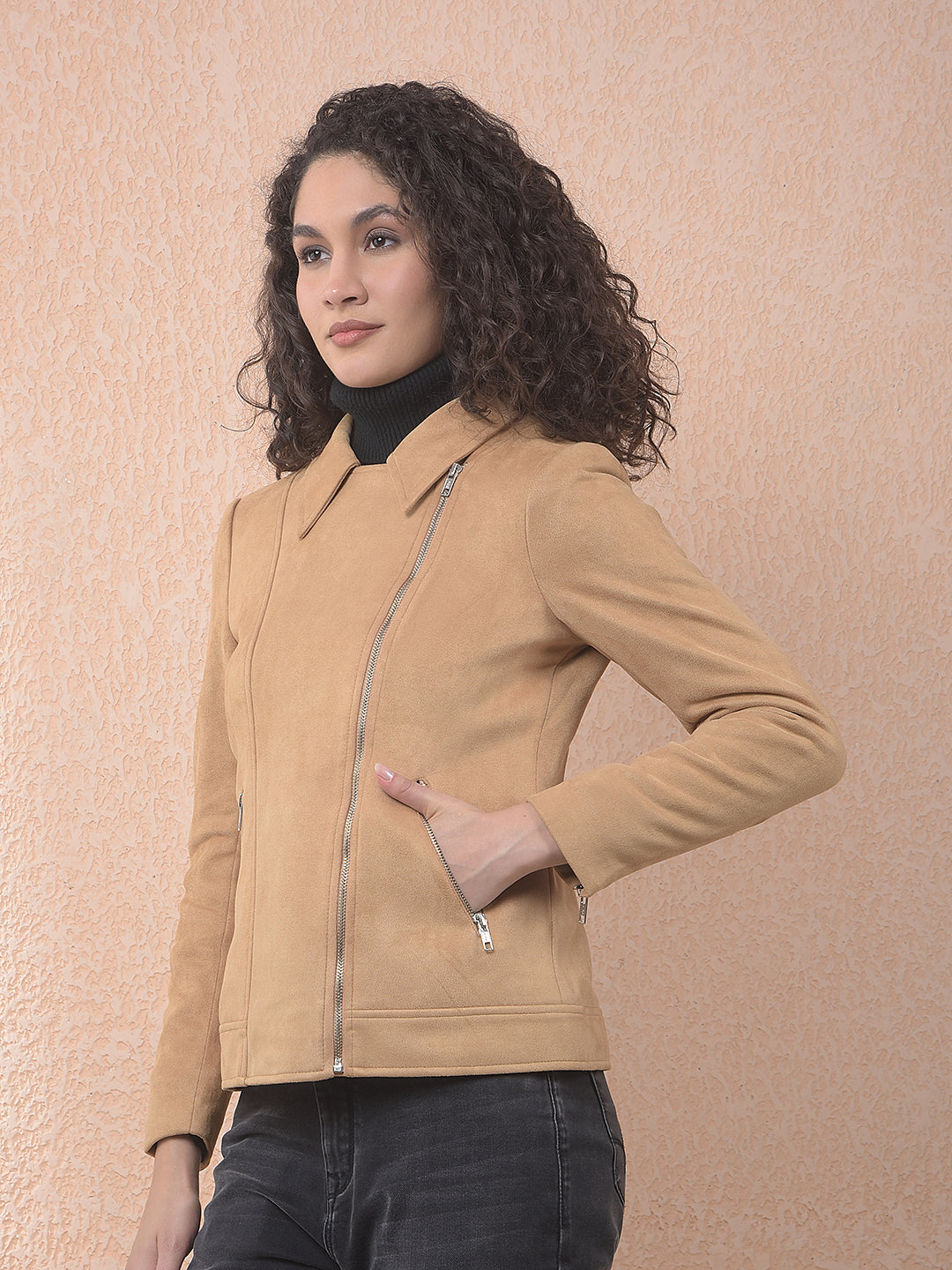 miss forever solid beige collar jacket