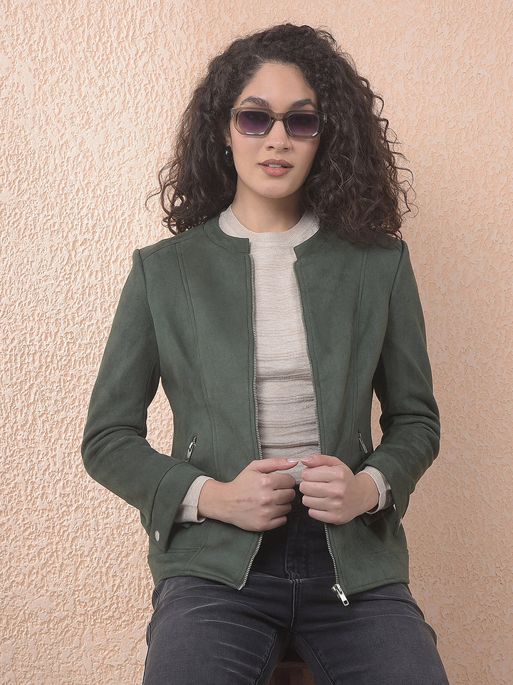 miss forever solid bottle green band collar jacket