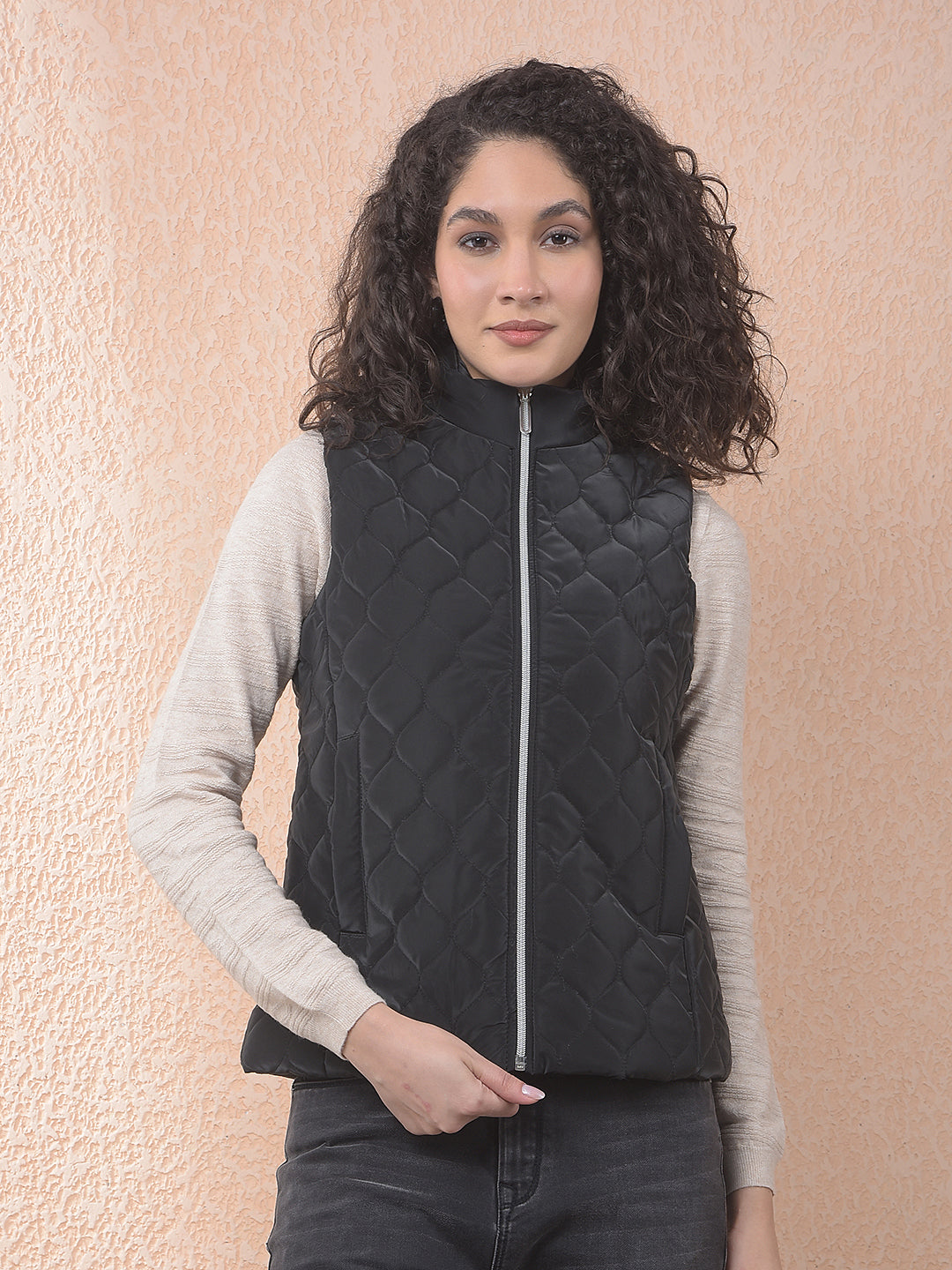 miss forever black self-design sleeveless jacket