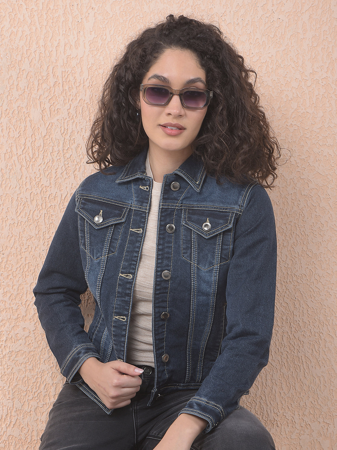 miss forever dark blue self-design denim jacket