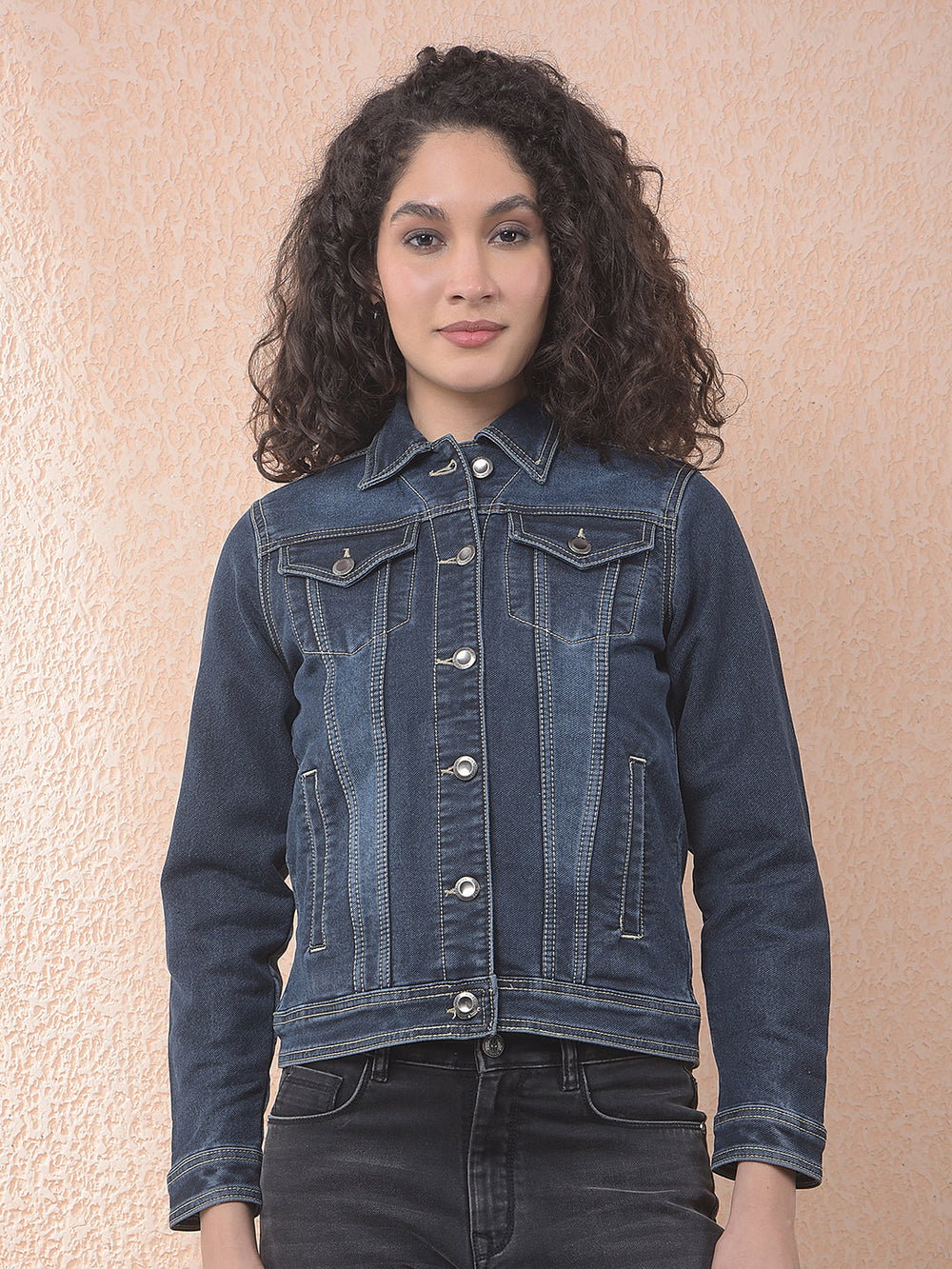 miss forever dark blue self-design denim jacket