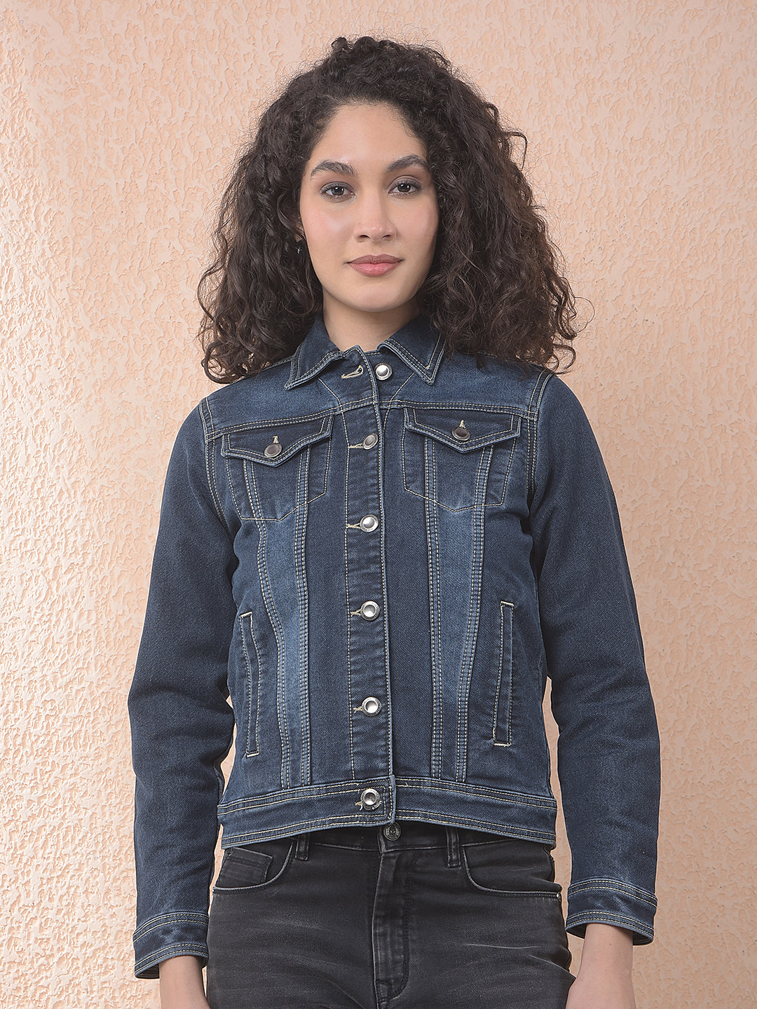 miss forever dark blue self-design denim jacket