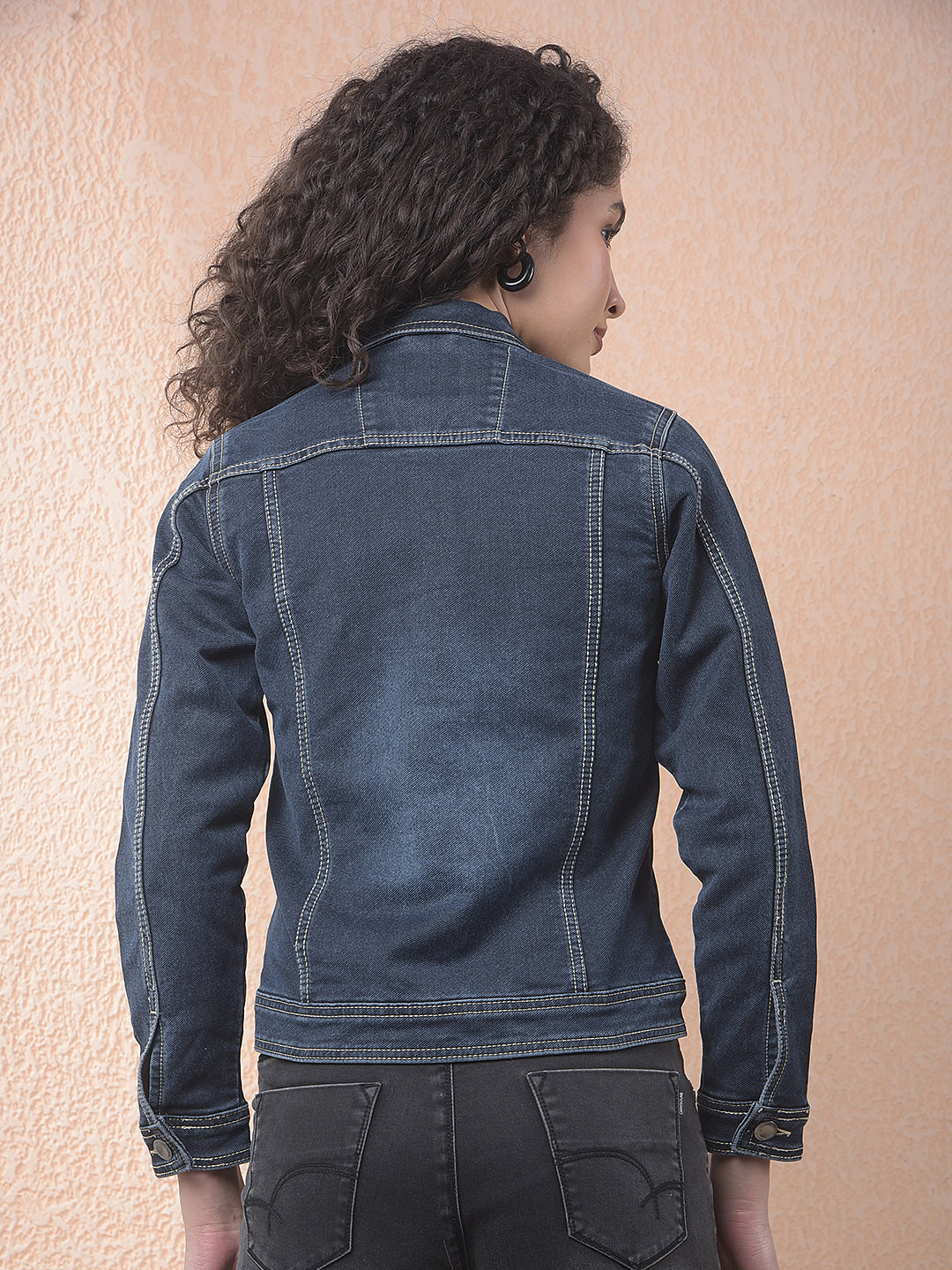 miss forever dark blue self-design denim jacket