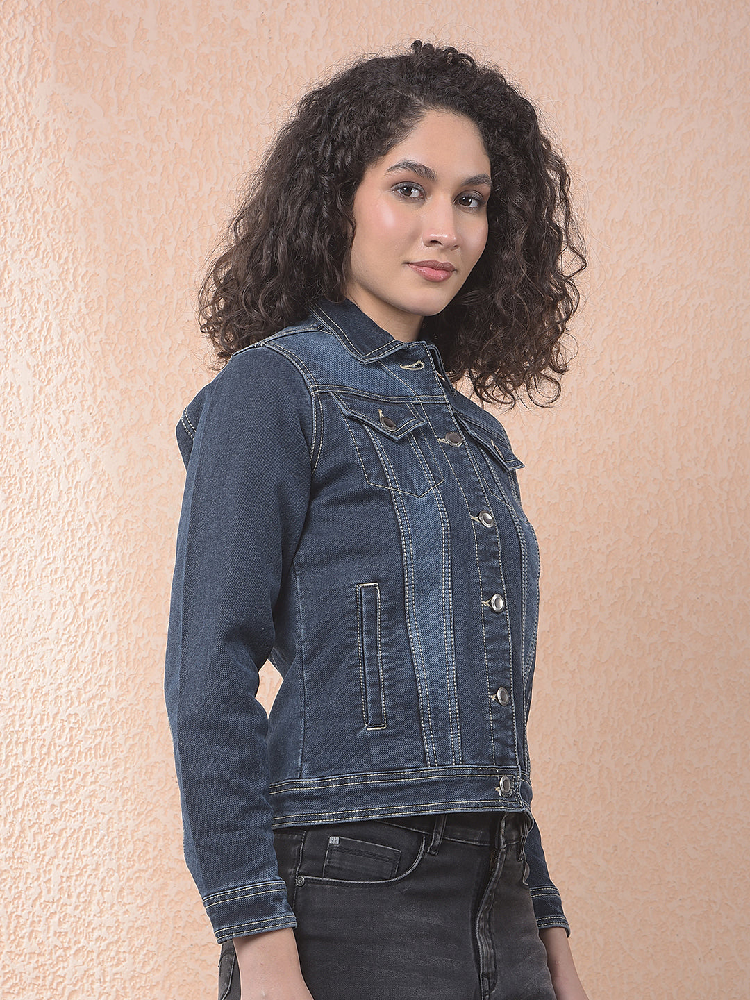 miss forever dark blue self-design denim jacket