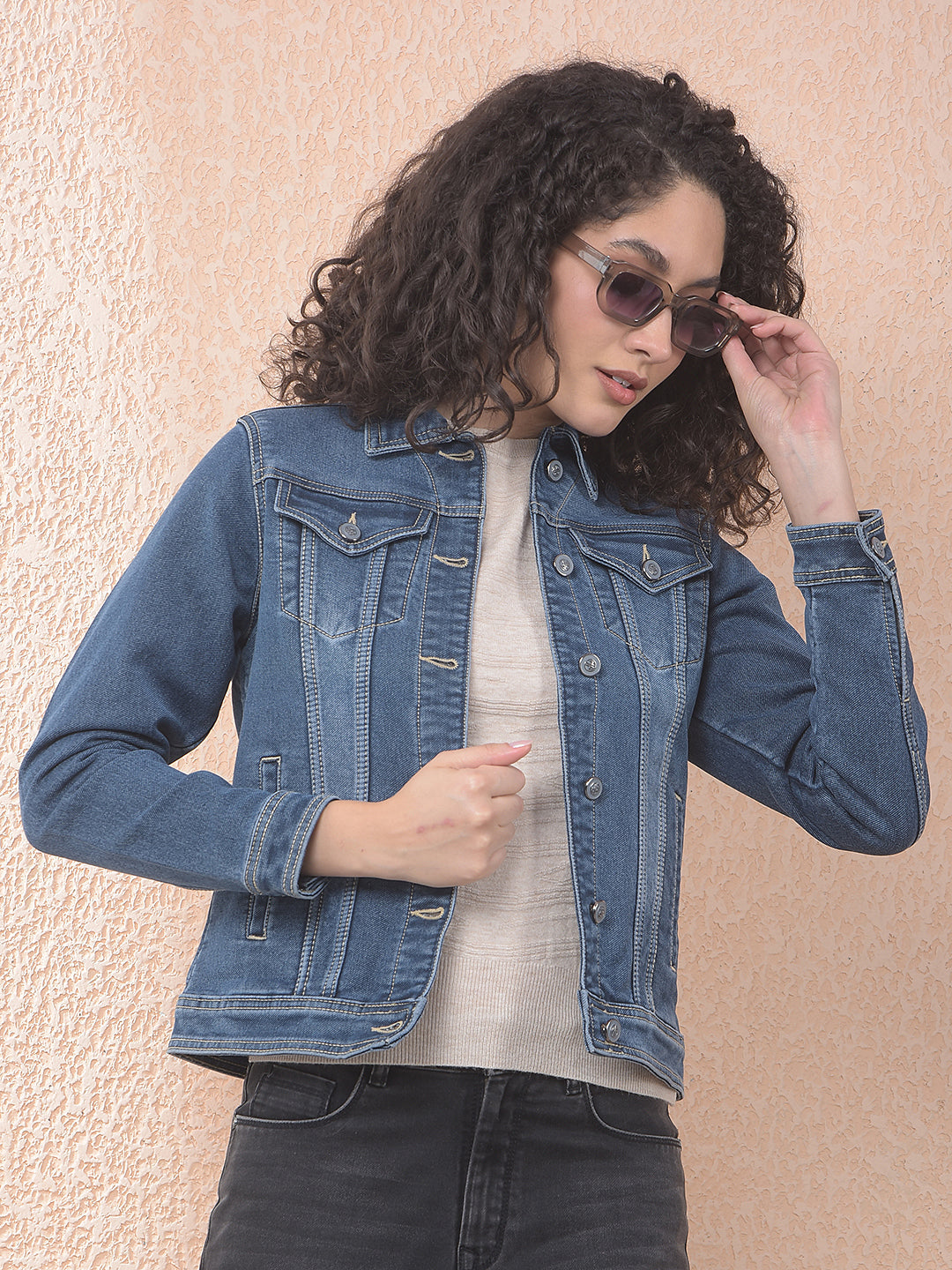 miss forever blue grey self-design denim jacket