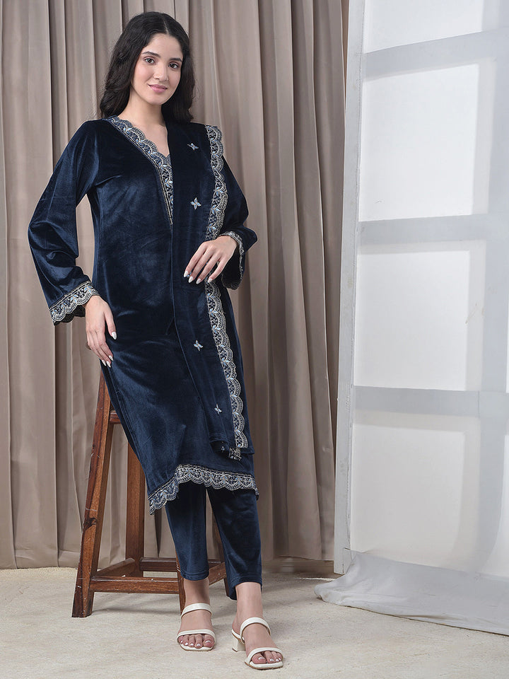 miss forever navy blue winter kurti plazo with stole