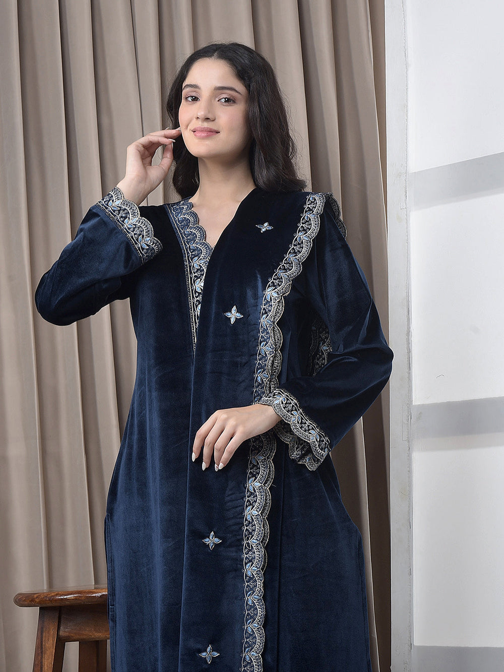 miss forever navy blue winter kurti plazo with stole