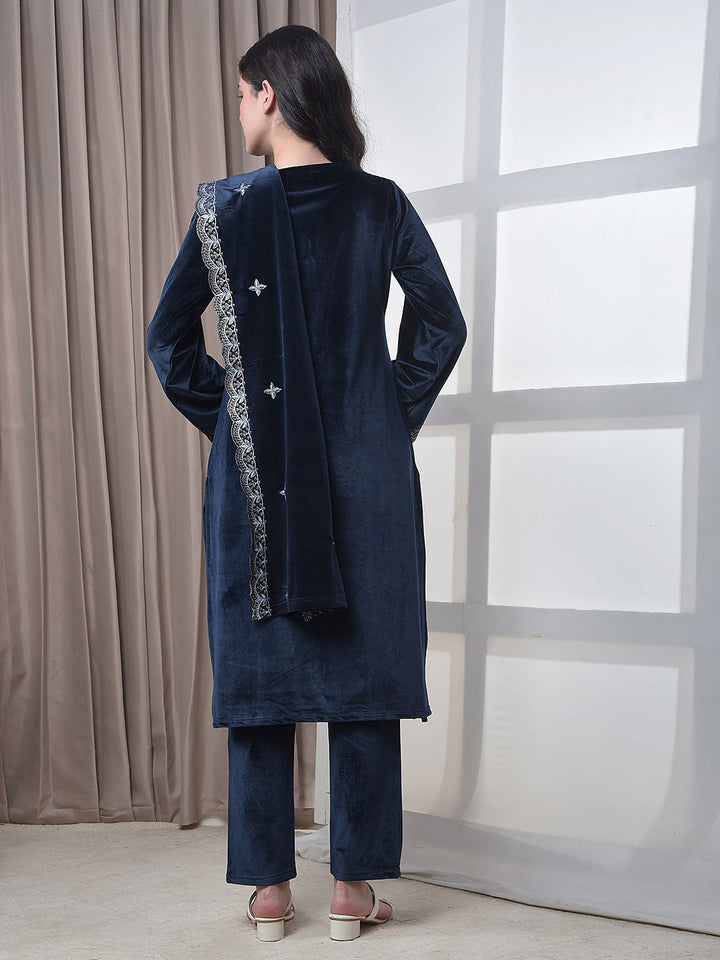 miss forever navy blue winter kurti plazo with stole
