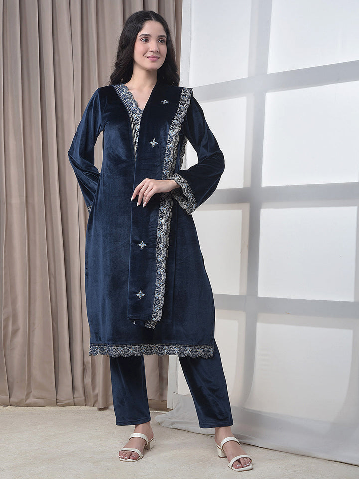 miss forever navy blue winter kurti plazo with stole