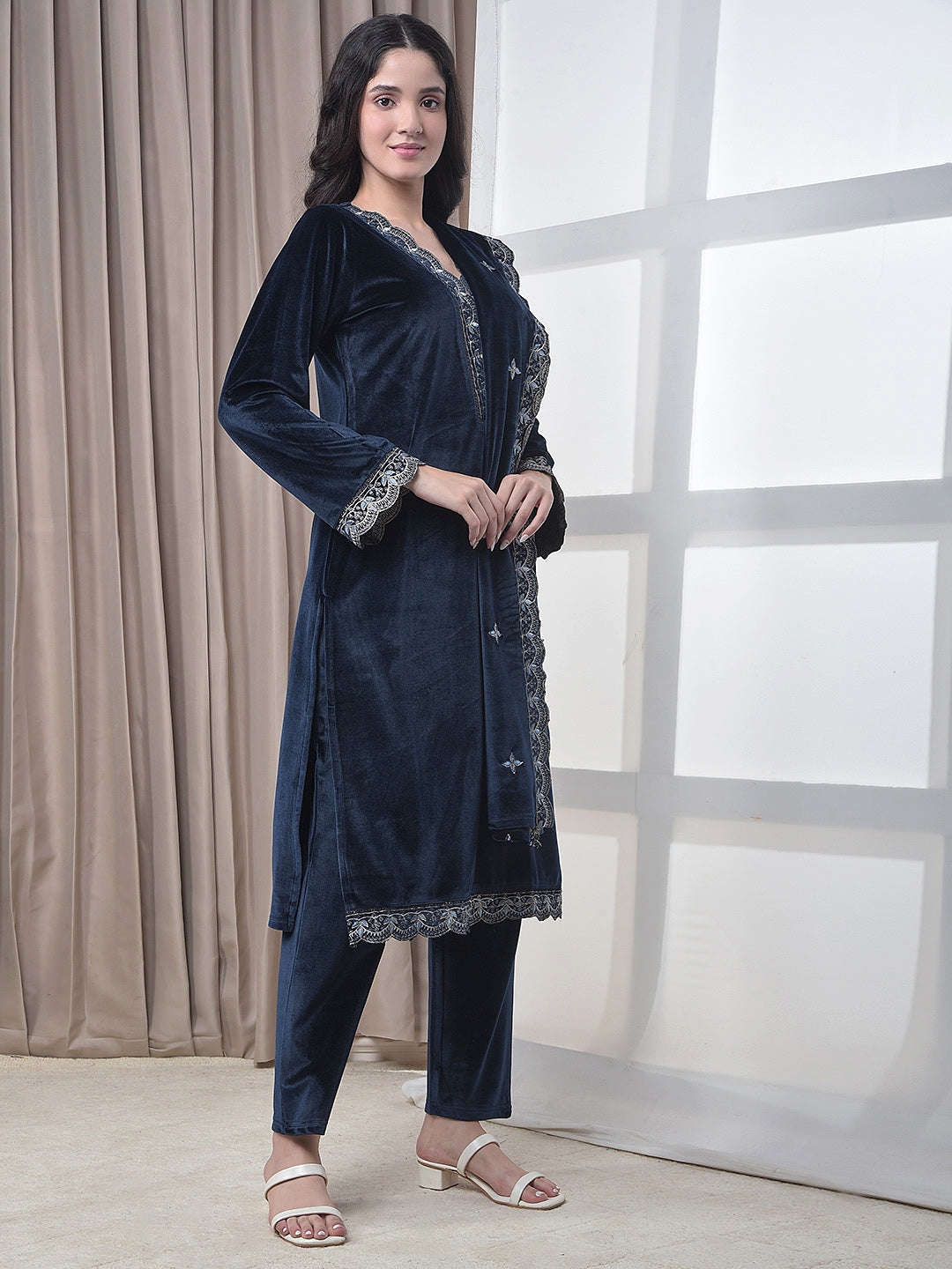miss forever navy blue winter kurti plazo with stole