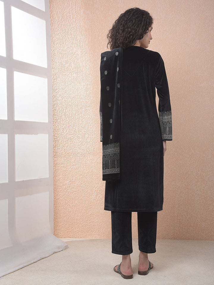 miss forever black printed winter kurti plazo with stole