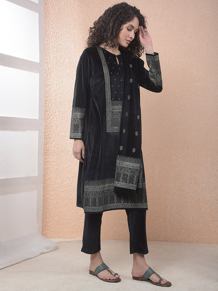 miss forever black printed winter kurti plazo with stole