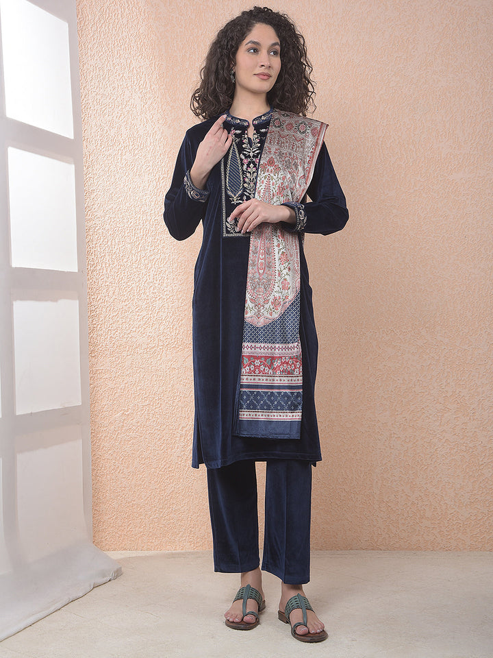 miss forever navy blue printed winter kurti plazo with stole