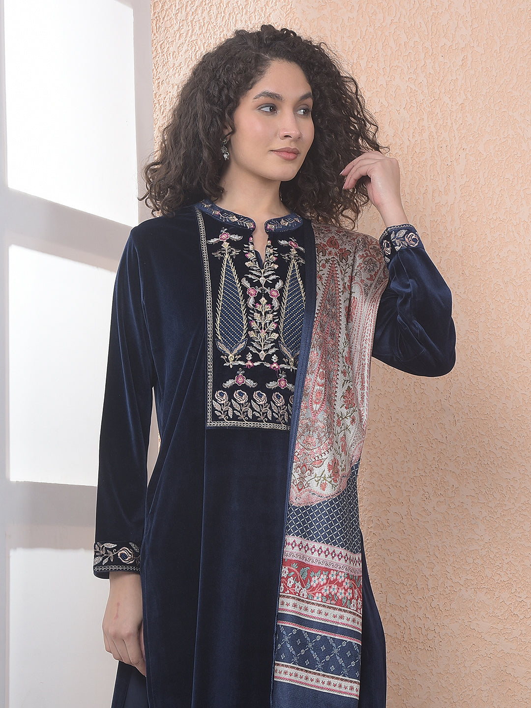 miss forever navy blue printed winter kurti plazo with stole
