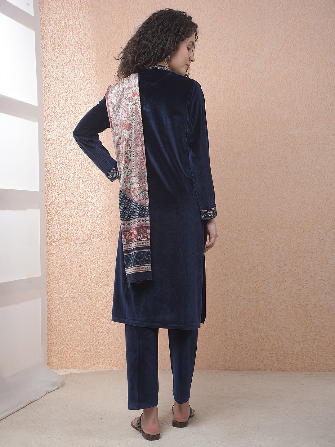 miss forever navy blue printed winter kurti plazo with stole