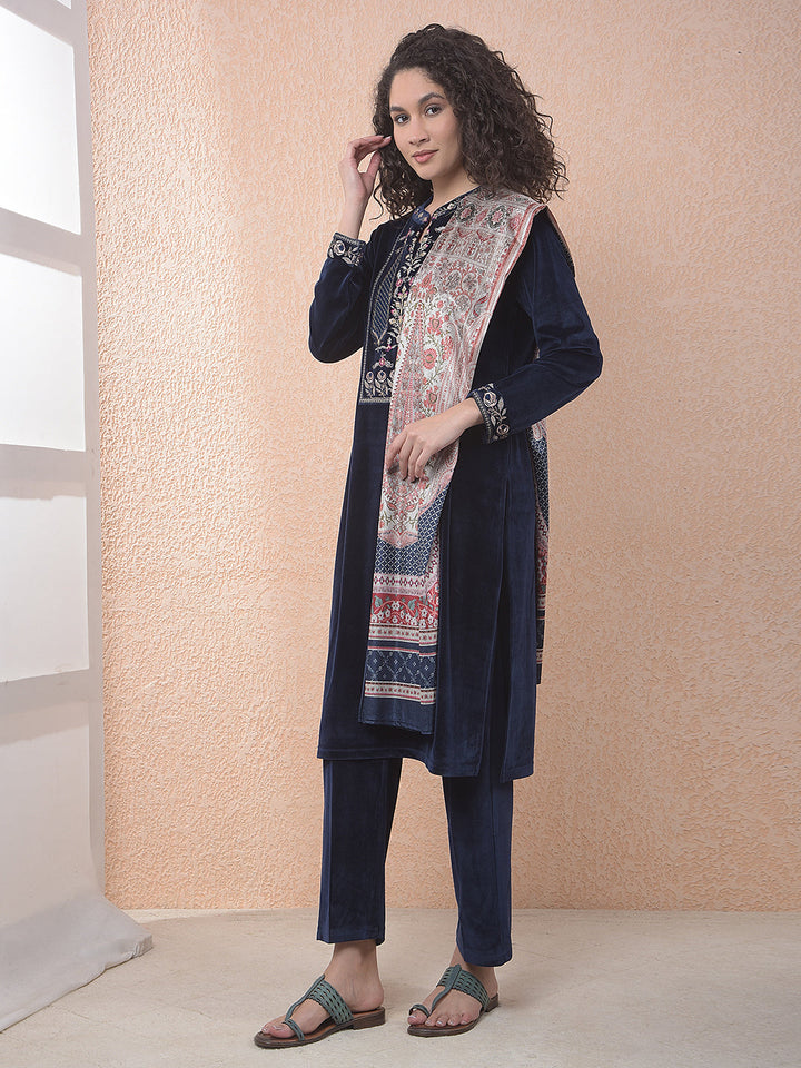 miss forever navy blue printed winter kurti plazo with stole