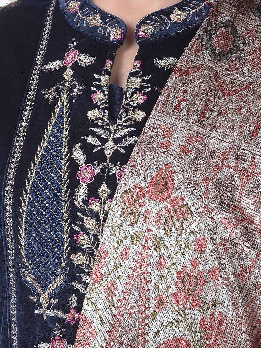 miss forever navy blue printed winter kurti plazo with stole