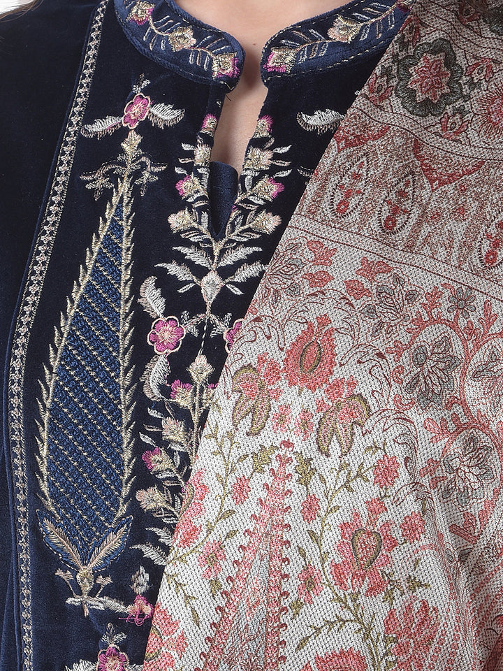 miss forever navy blue printed winter kurti plazo with stole