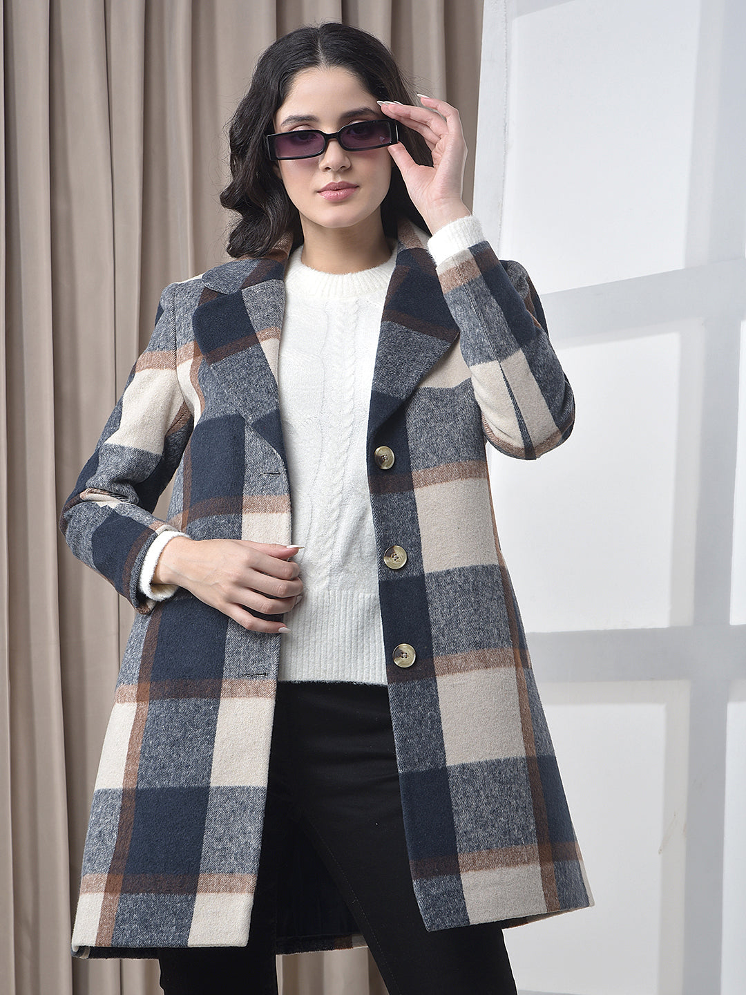 miss forever navy blue checked premium long coat