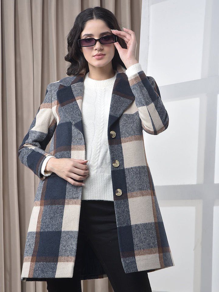 miss forever navy blue checked premium long coat