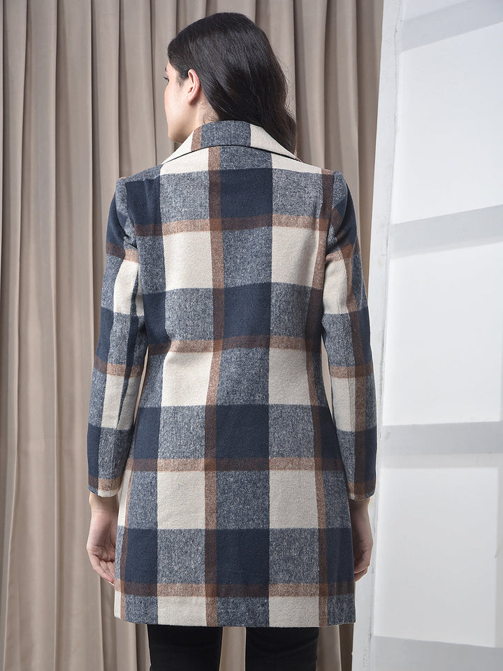 miss forever navy blue checked premium long coat