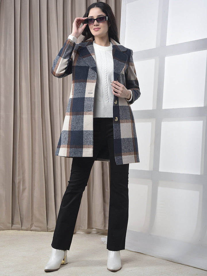 MISS FOREVER NAVY BLUE CHECKED PREMIUM LONG COAT