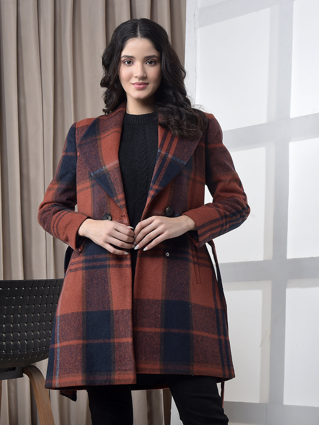 miss forever rust checked premium long coat