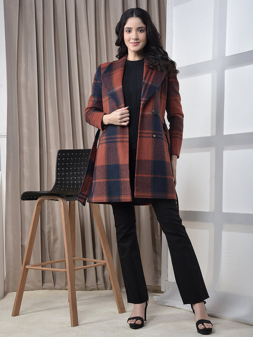 miss forever rust checked premium long coat