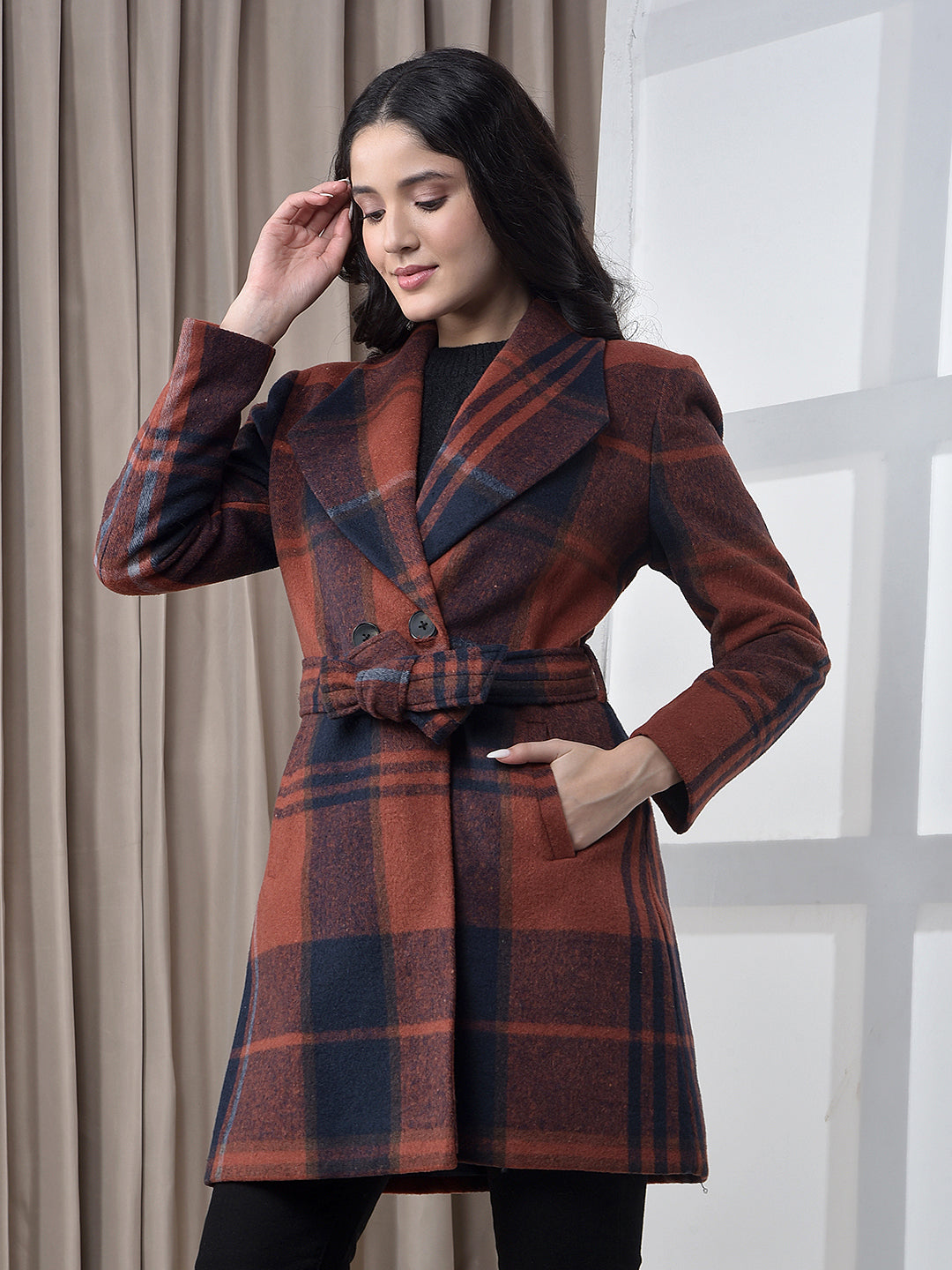 miss forever rust checked premium long coat