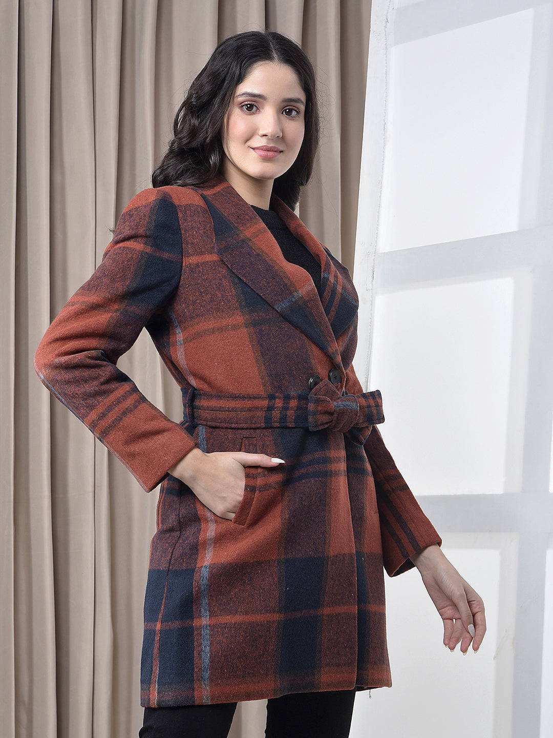 miss forever rust checked premium long coat