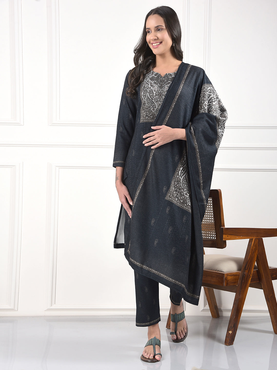 MISS FOREVER DARK GREY PRINTED WINTER KURTI PLAZO WITH STOLE