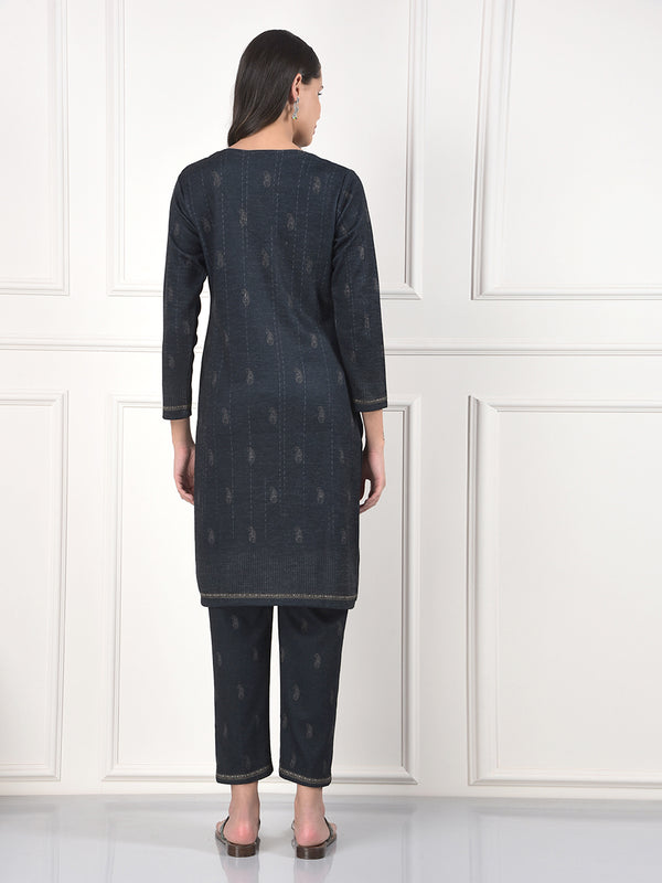 MISS FOREVER DARK GREY PRINTED WINTER KURTI PLAZO WITH STOLE