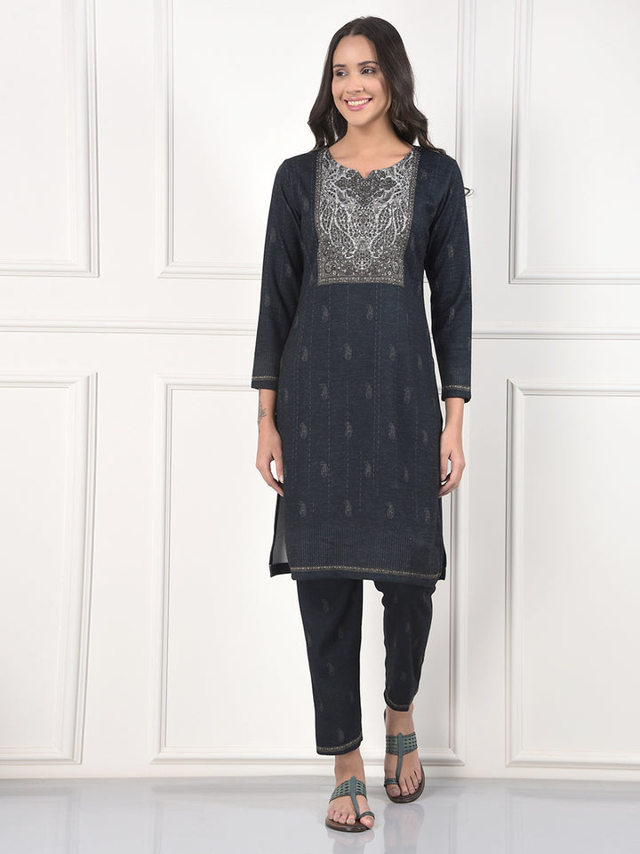 MISS FOREVER DARK GREY PRINTED WINTER KURTI PLAZO WITH STOLE