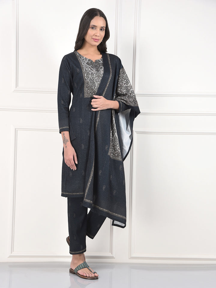 MISS FOREVER DARK GREY PRINTED WINTER KURTI PLAZO WITH STOLE