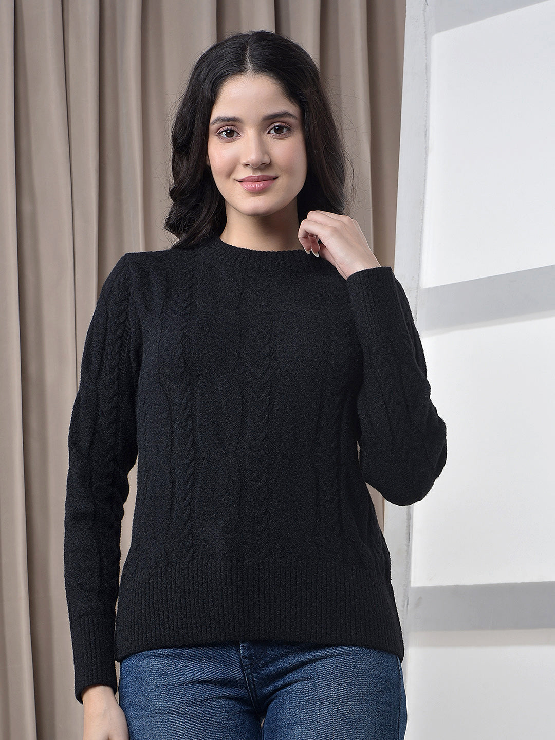 miss forever black self-design sweater