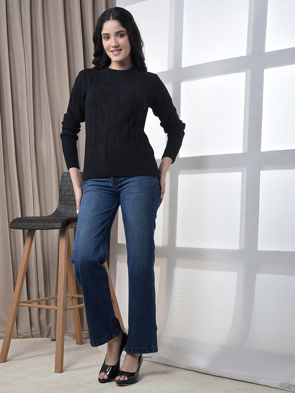 miss forever black self-design sweater