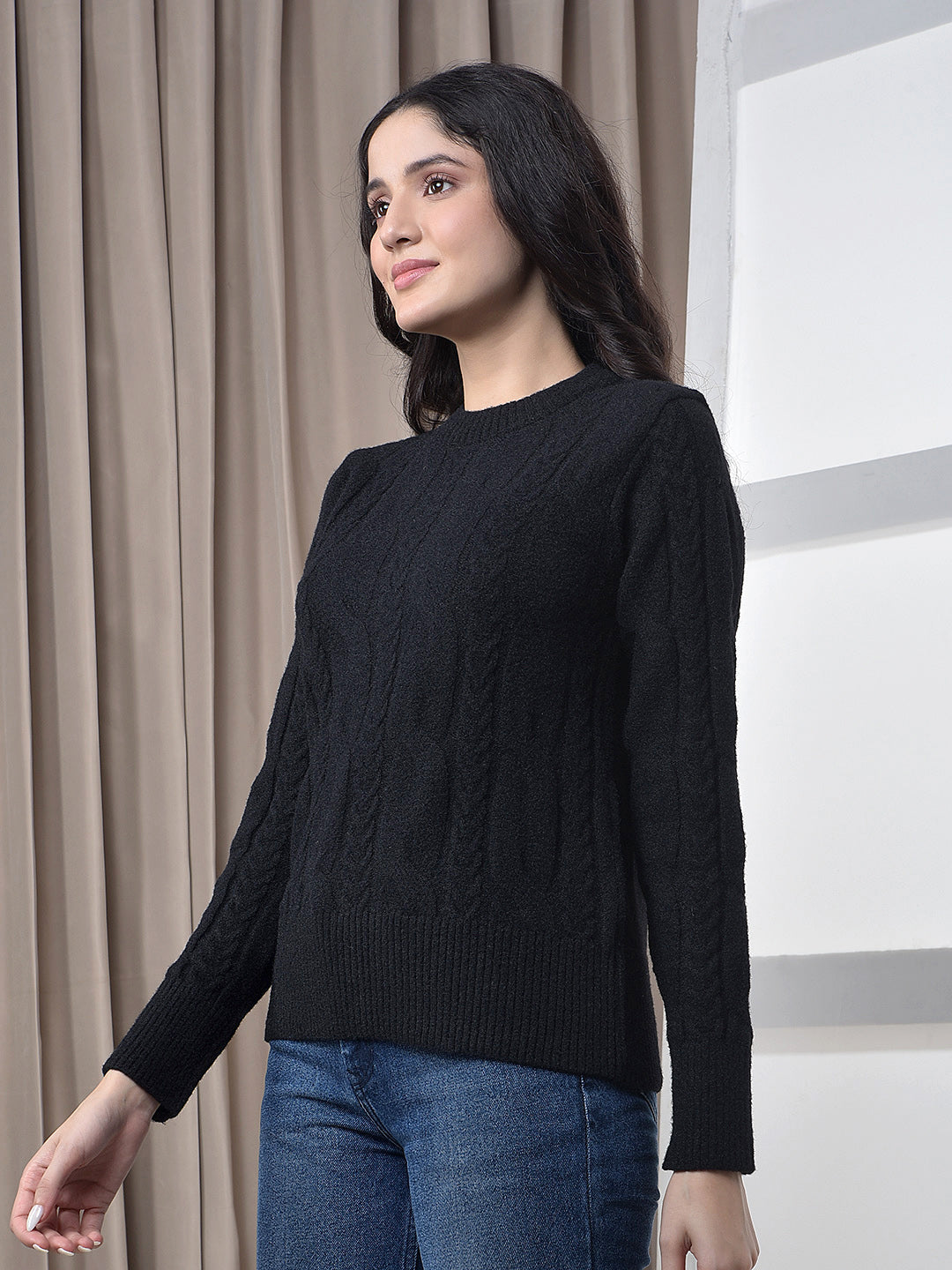 miss forever black self-design sweater