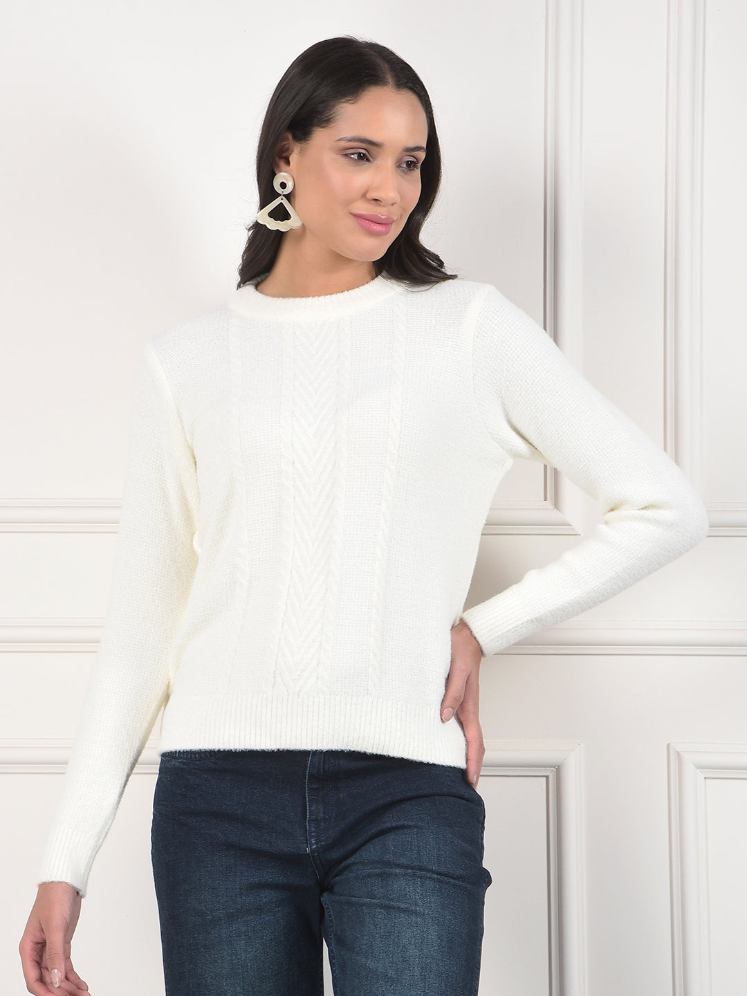 miss forever cream self-design sweater