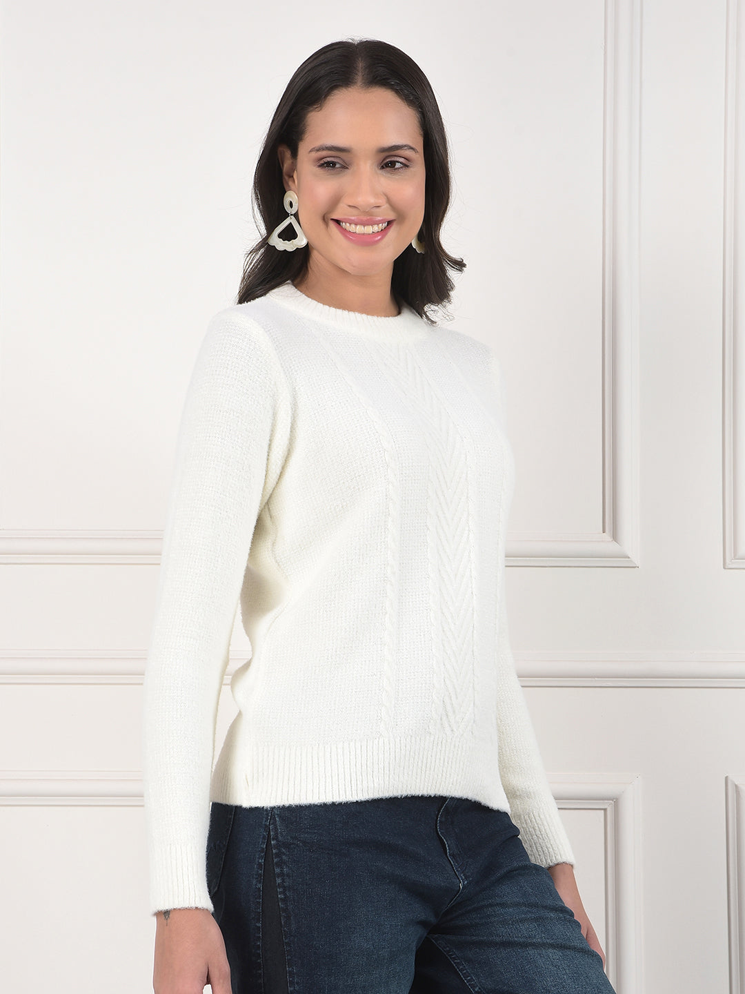 miss forever cream self-design sweater