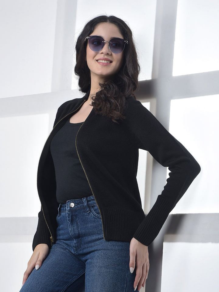 MISS FOREVER SOLID BLACK ZIP-UP SWEATER