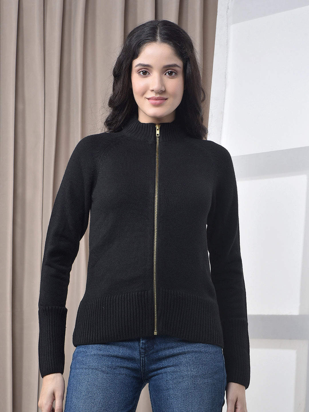 MISS FOREVER SOLID BLACK ZIP-UP SWEATER