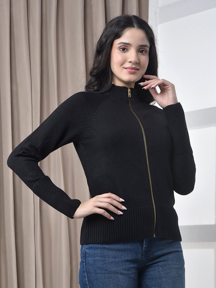 MISS FOREVER SOLID BLACK ZIP-UP SWEATER