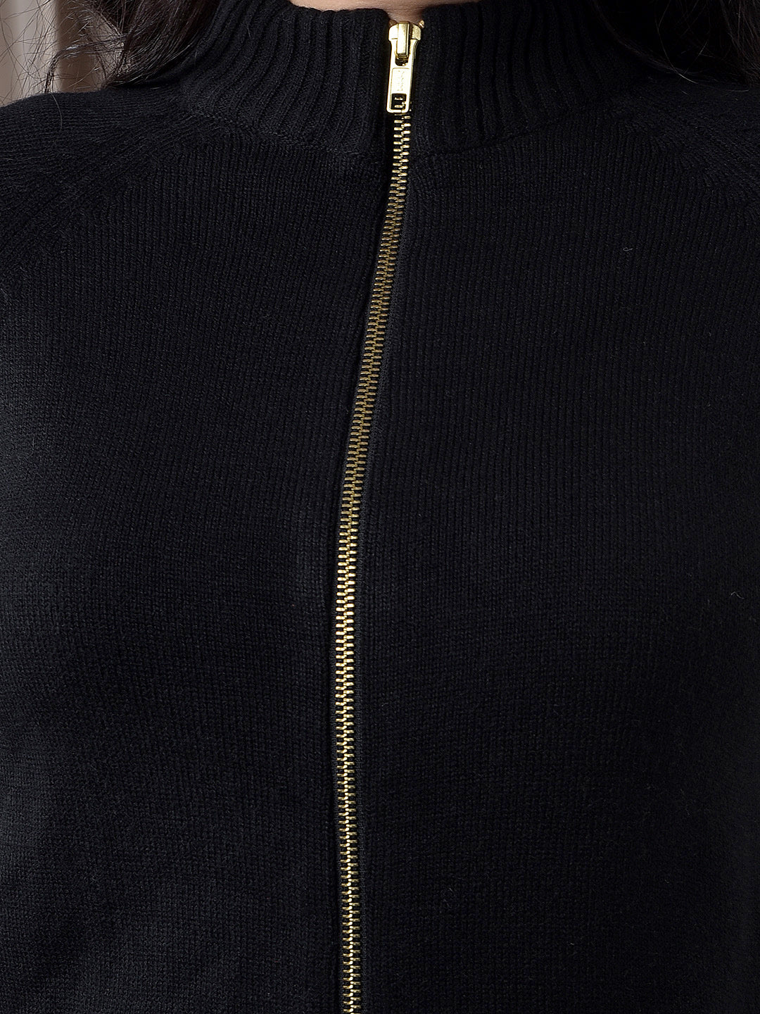 MISS FOREVER SOLID BLACK ZIP-UP SWEATER